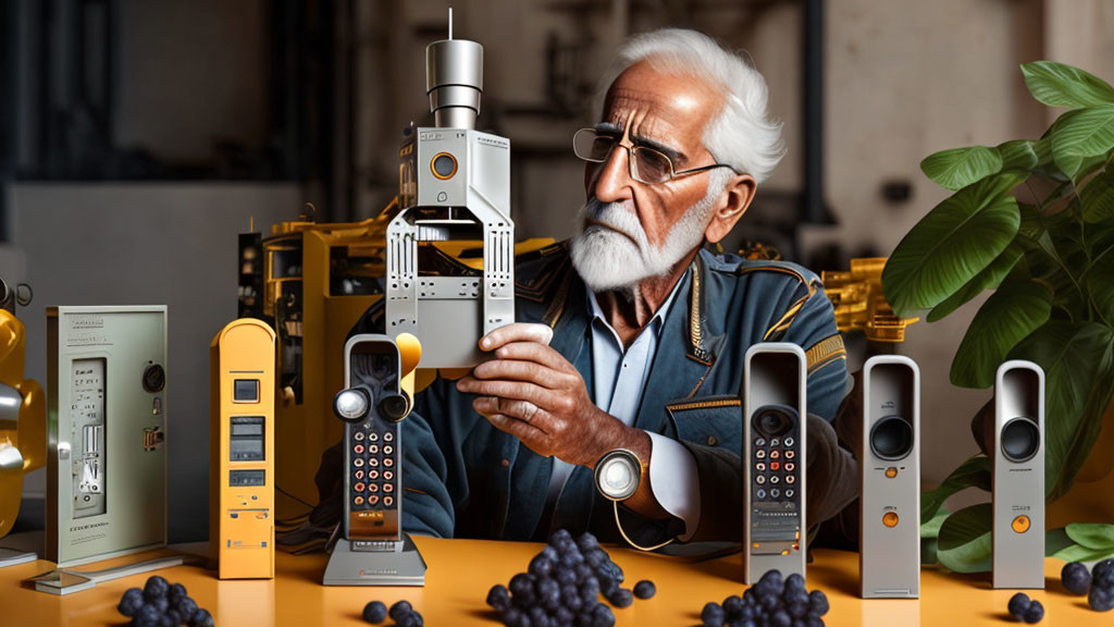 Elderly man in jacket examines electronic device among gadgets and blueberries