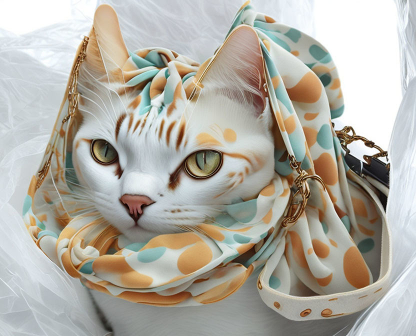 White Cat with Tabby Markings in Polka-Dotted Scarf in Luxurious Handbag