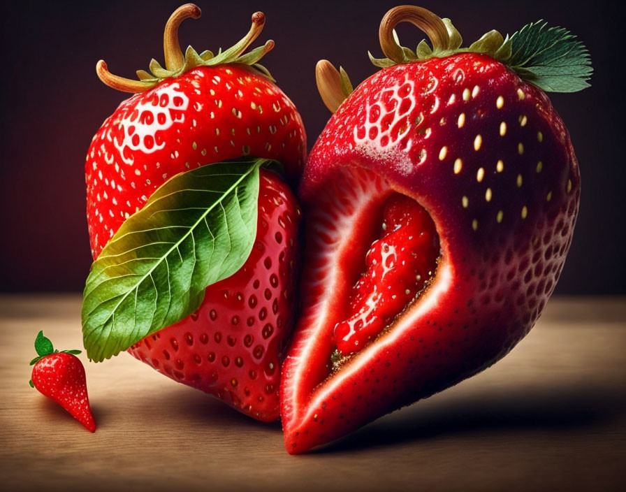 Surreal sliced strawberries with heart-shaped center, foreground small berry