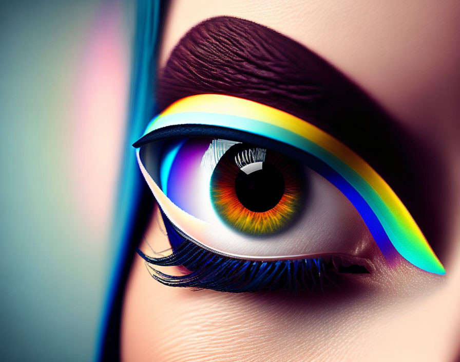 Colorful eye art with rainbow eyeshadow and stylized eyelashes