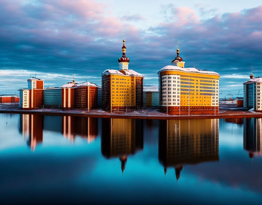 Vibrant spired buildings mirrored in calm water at twilight