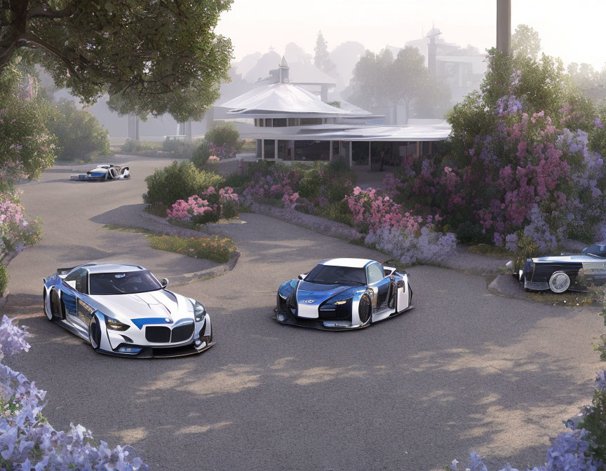 Luxury sports cars near villa with lush trees and purple flowers