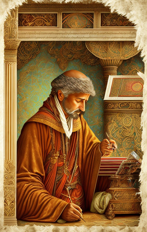 Elderly scholar with quill pen surrounded by ornate patterns