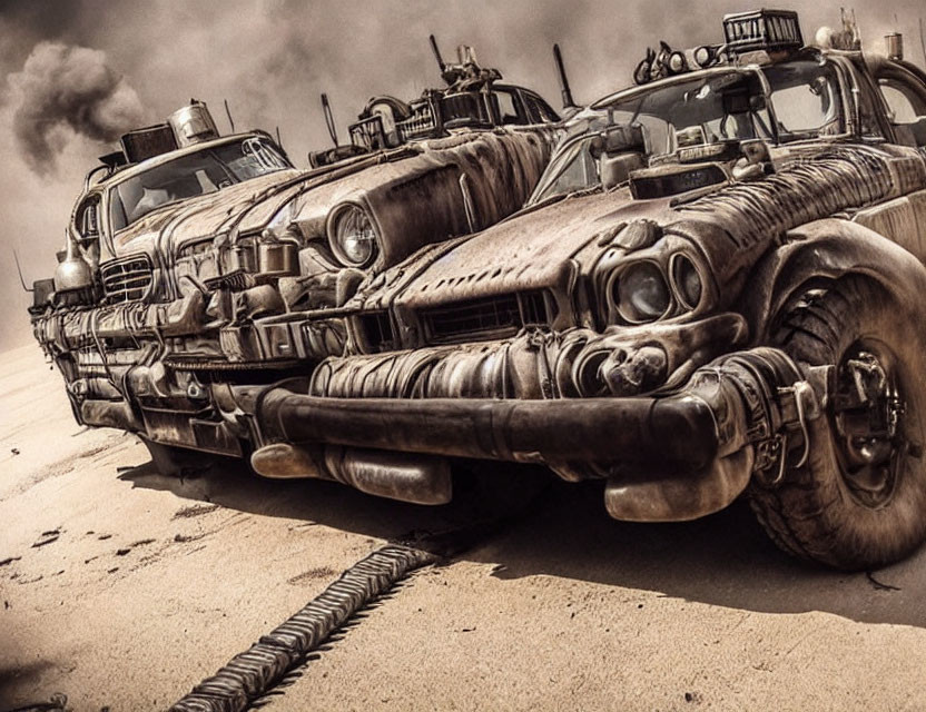 Modified post-apocalyptic vehicles with exposed engines and armored exteriors in a sandy wasteland