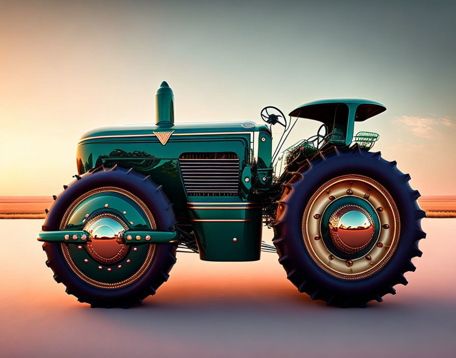 Vintage teal tractor with large rear wheels against orange sky.