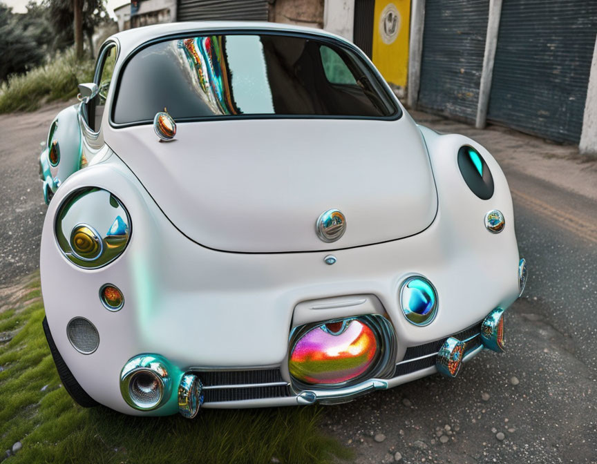 White Car with Vibrant Circular Accents and Reflective Details parked on Roadside