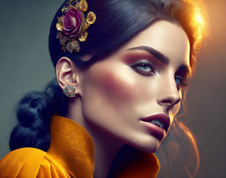 Woman with glowing skin, dramatic makeup, braided hairstyle, floral accessory, yellow garment.