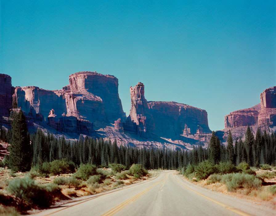 Scenic road amidst red rock formations and green shrubbery