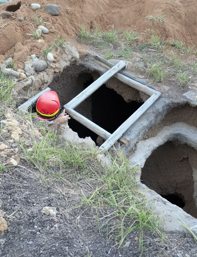 Person in red helmet peeks from square hole in ground with dirt and grass, adjacent hole.