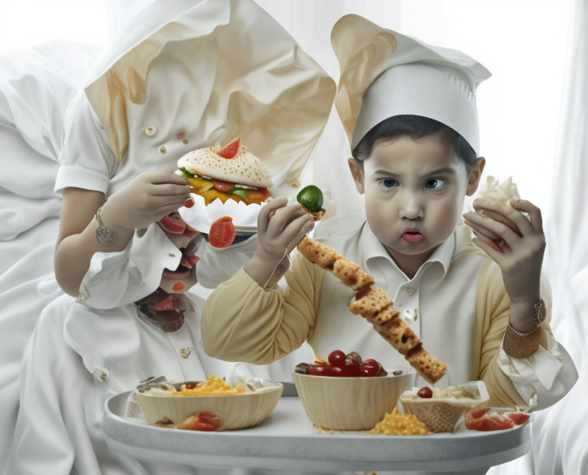 Child Chef Surprised Assembling Sandwich in Kitchen