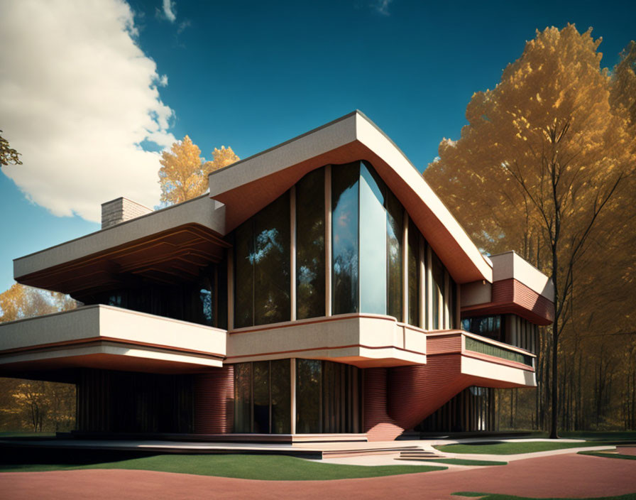 Contemporary cantilevered house with large glass windows in autumn setting