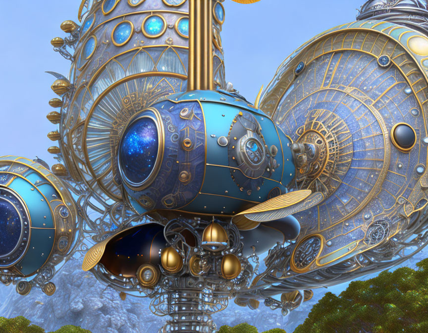 Surreal ornate structure with celestial and mechanical details in gold and blue colors against fantasy landscape