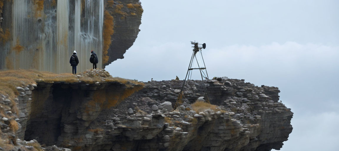 Two people at rocky cliff with waterfall, camera on tripod