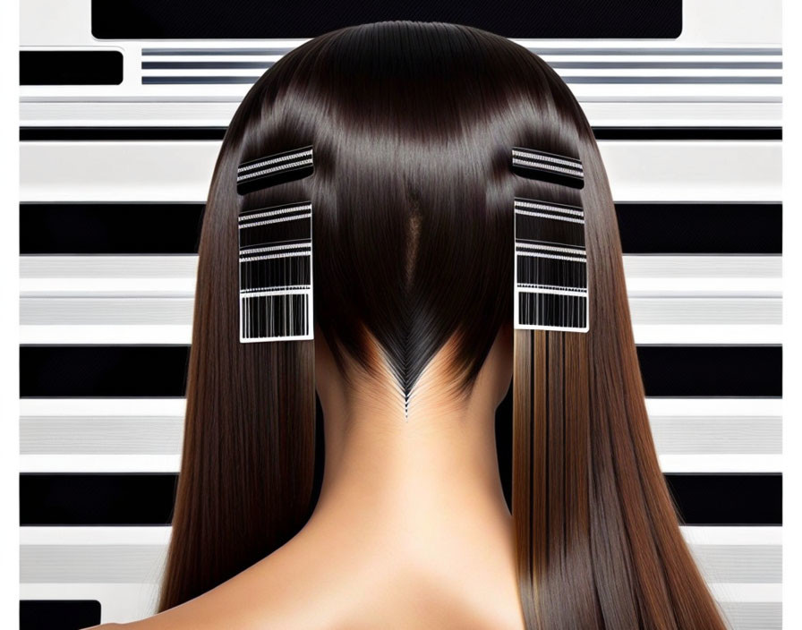 Straight Brown Hair with Silver Barrettes on Striped Background