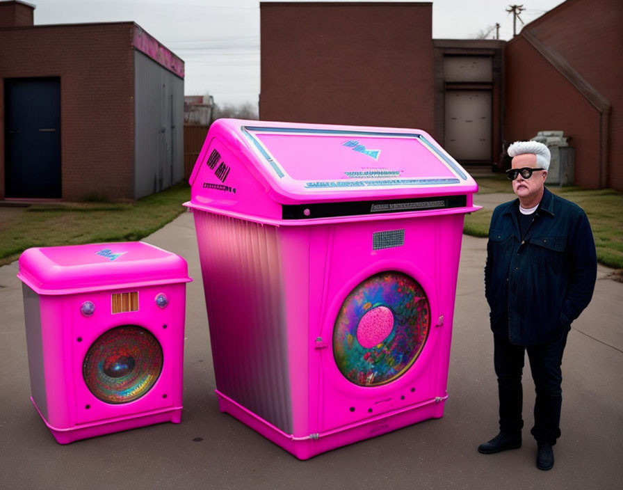 Person with White Hair Next to Pink Speaker Bins