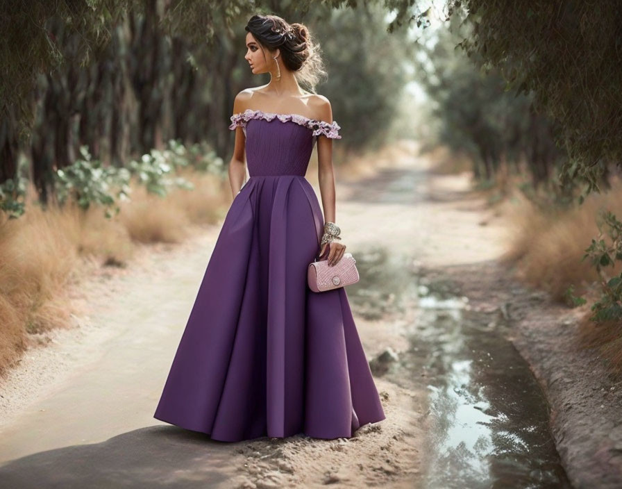 Elegant woman in off-shoulder purple gown on dirt path