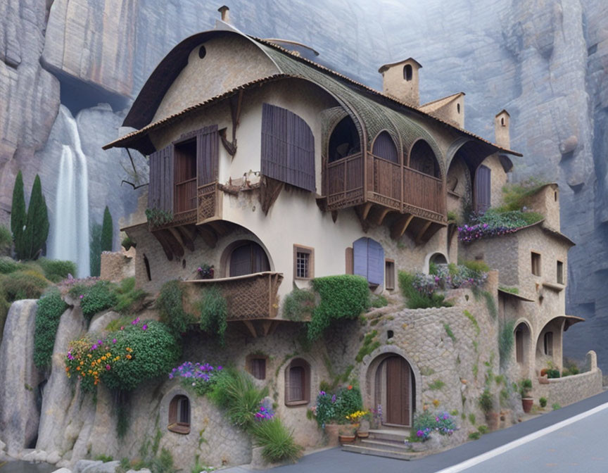 Fantasy multi-story house on rocky cliff with waterfalls and vibrant flowers.