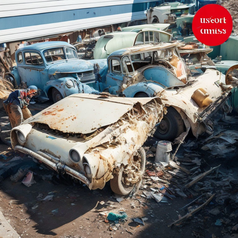 Abandoned vintage cars in deteriorating condition under clear sky