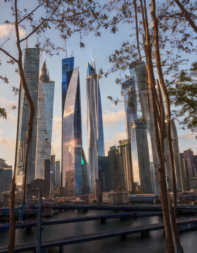 Modern city skyline with towering skyscrapers and trees in warm sunlight