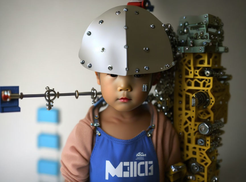 Child in whimsical robotic helmet with gears and mechanical parts