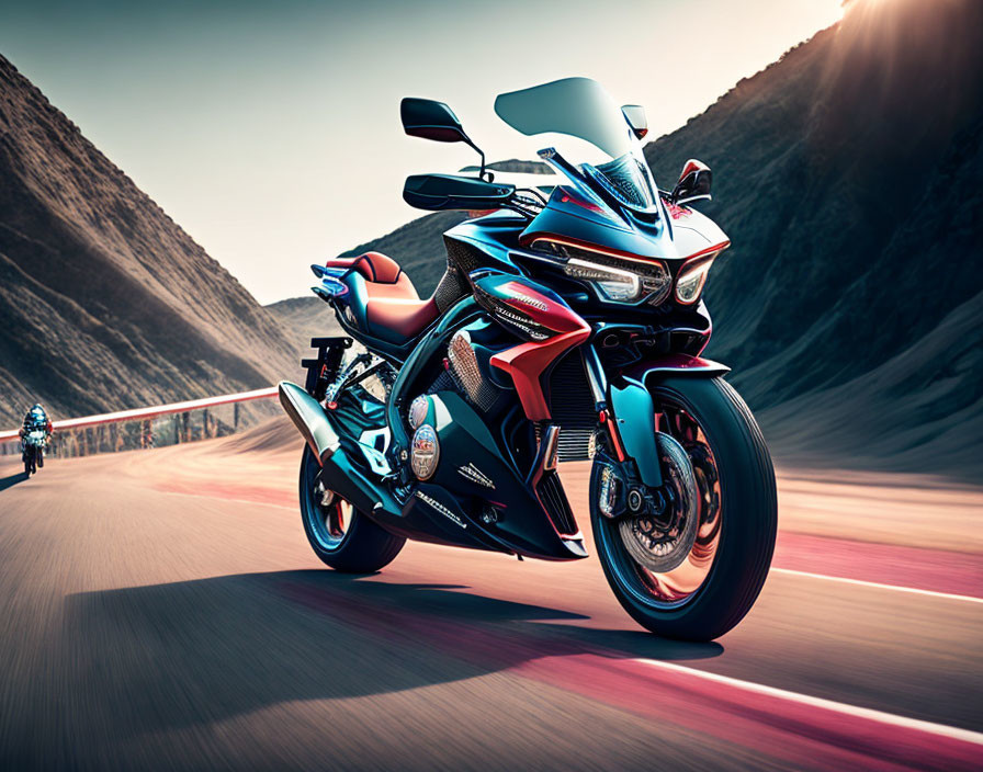 Speeding Sports Motorcycle on Mountain Road at Golden Hour