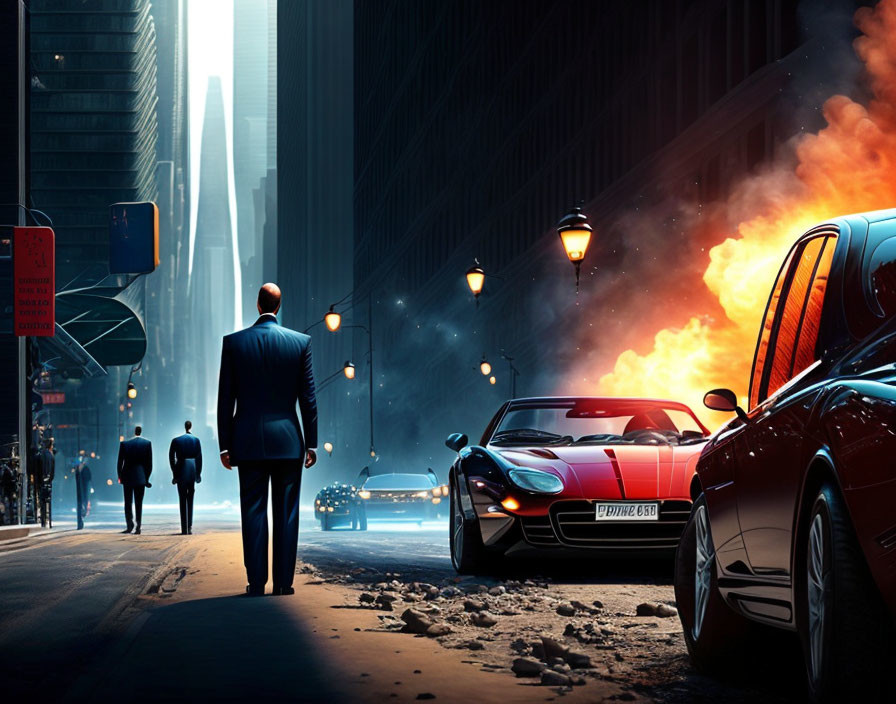 Man in suit on city street at dusk with cars and pedestrians.