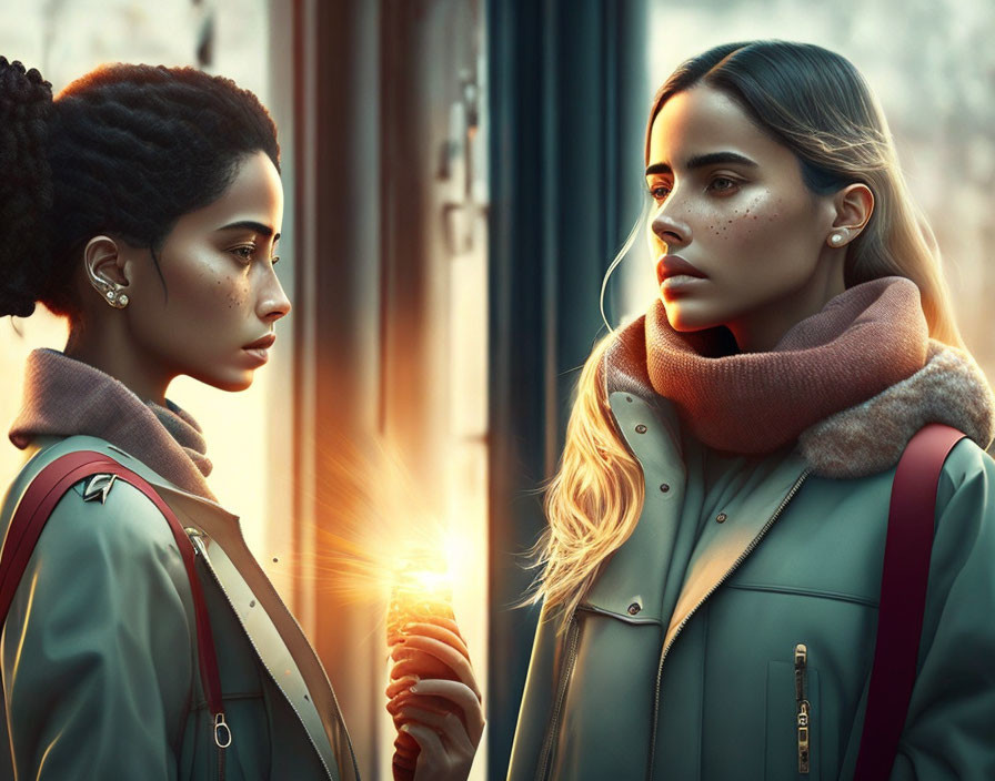 Two women illuminated by warm light against cool backdrop.