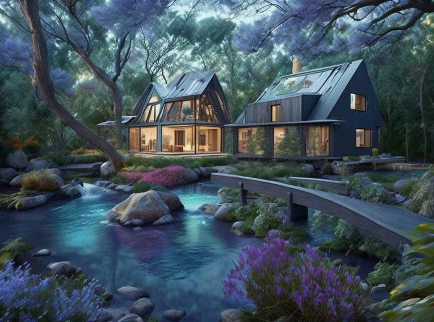 Serene forest setting with twin A-frame houses by stream at twilight