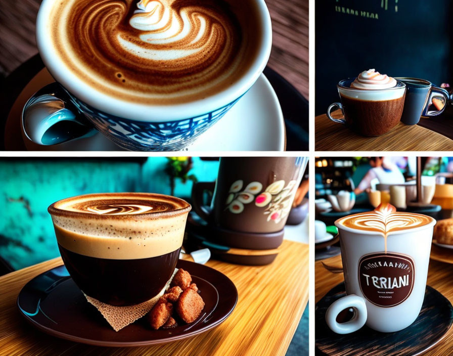 Close-Up Collage: Artistic Latte Art in Various Cups on Saucers