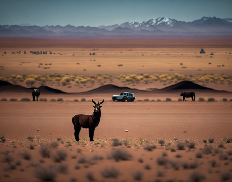 Llama in desert landscape with mountains and grazing llamas