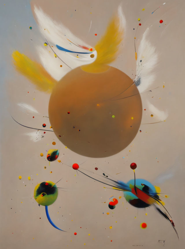 Abstract painting featuring large central brown sphere, white bird-like shapes, colorful orbs, splashes, and