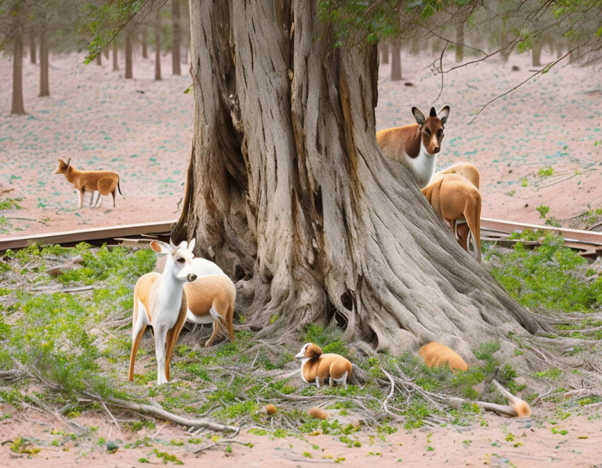 Wildlife gathering around large tree in sandy grassy area