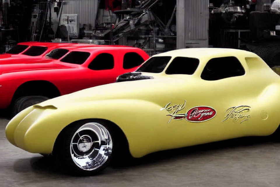 Custom Yellow Hot Rod with Chrome Wheels in Workshop