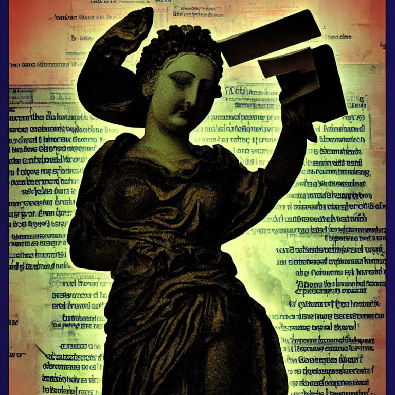 Classical statue with book and torch on script backdrop