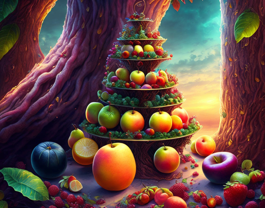 Vibrant fruit display under magical tree light