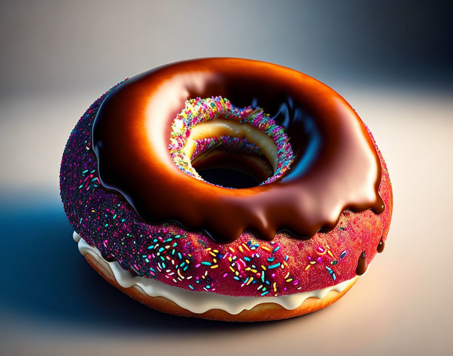 Chocolate-Glazed Doughnut with Rainbow Sprinkles on Blurred Background