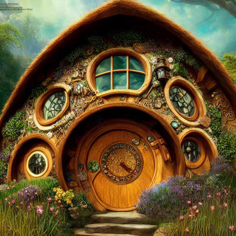 Circular-door hobbit-style house in lush landscape with thatched roof and flowers