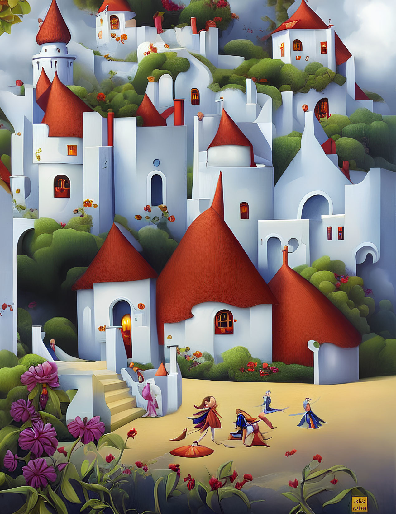 Vibrant castle painting with characters in medieval attire dancing