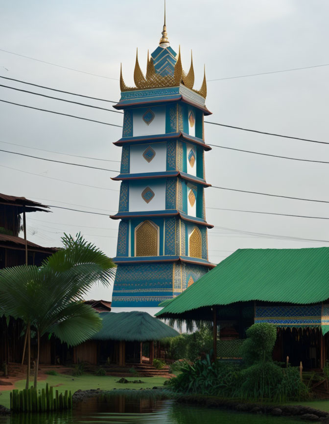 Traditional Southeast Asian Tower with Blue and Gold Patterns