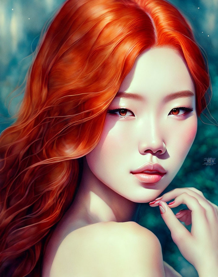 Digital artwork: Woman with red hair and teal background