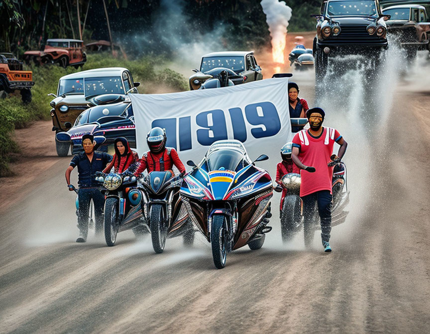 Motorbike and ATV racing on dirt road with 918 banner and dust clouds