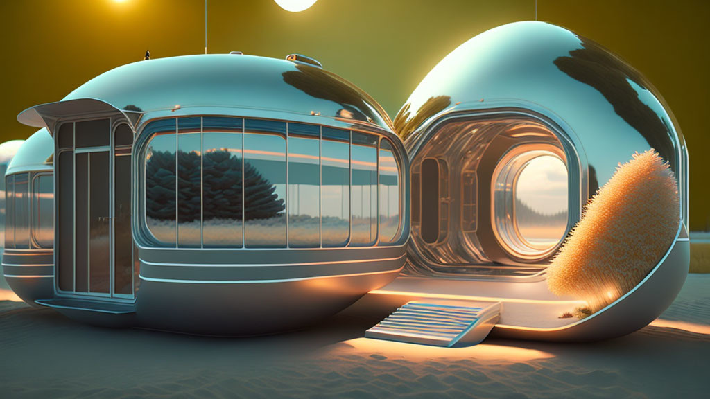 Spherical modular home with large windows in desert setting at sunset, showcasing cactus in transparent living space