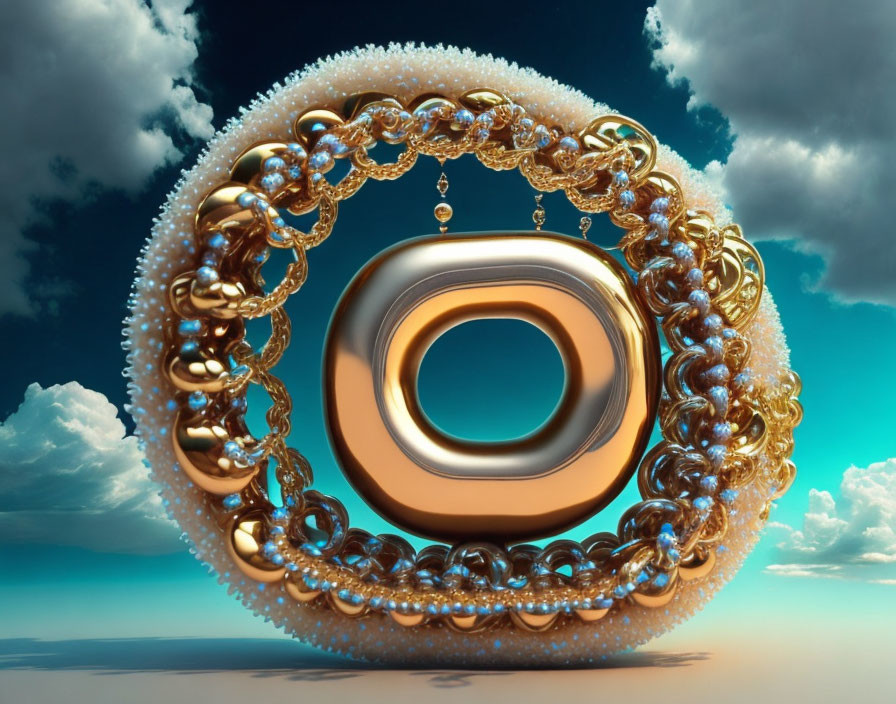 Golden torus with pearls floating in sky among clouds