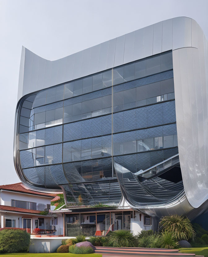 Tall Curved Glass Building Amidst Low Houses and Gardens