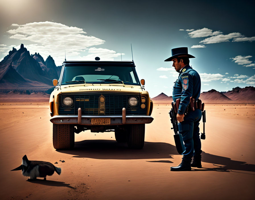 Uniformed Officer Observing Animal Beside Classic SUV in Desert