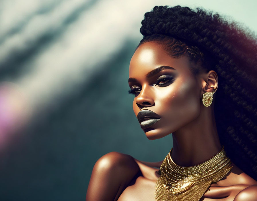 Woman with dramatic makeup and bold lipstick in gold jewelry poses confidently.