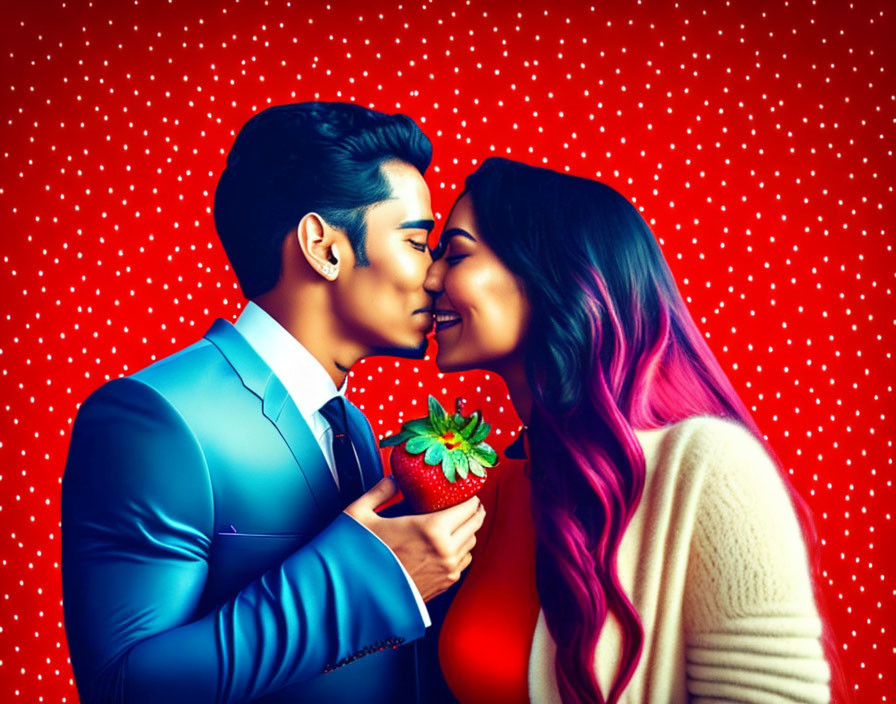 Romantic couple illustration with strawberry on red polka dot background