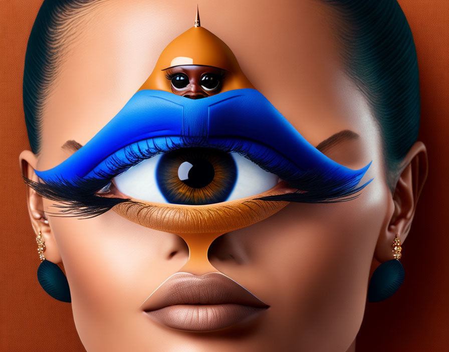 Surreal close-up artwork of woman's face with blue eye and miniature person