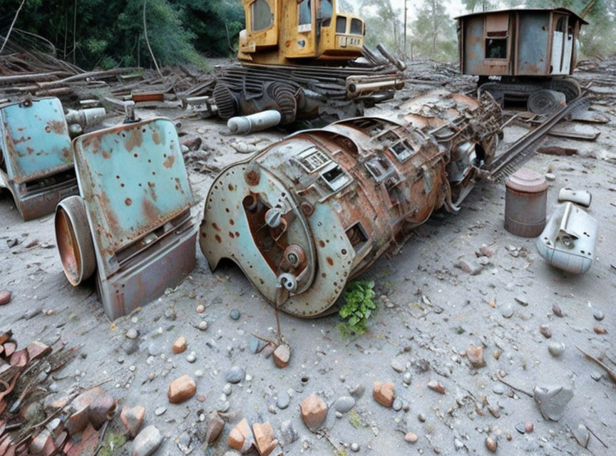 Abandoned locomotive and train equipment in forested area