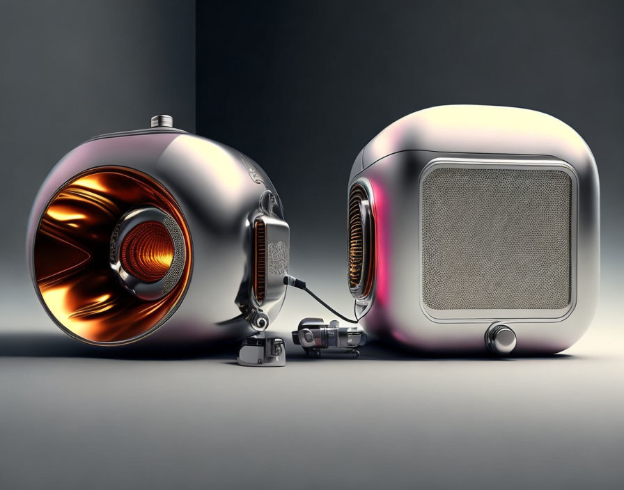 Futuristic metallic speakers with amber-hued lights